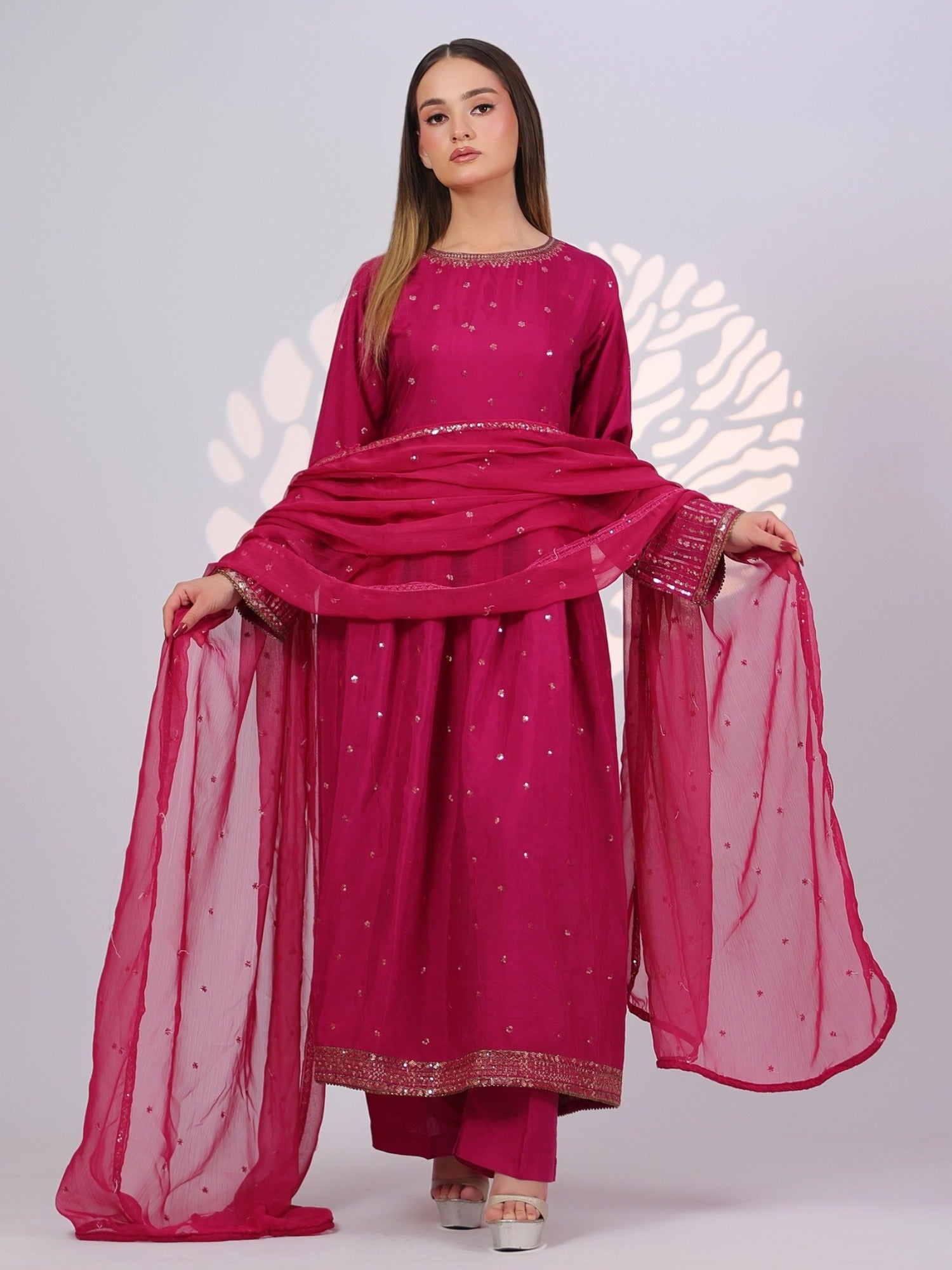 Pink MAK Fashion Noor Luxe Raw Silk Embroidered Stitched 3-Piece Suit-Royal Crimson