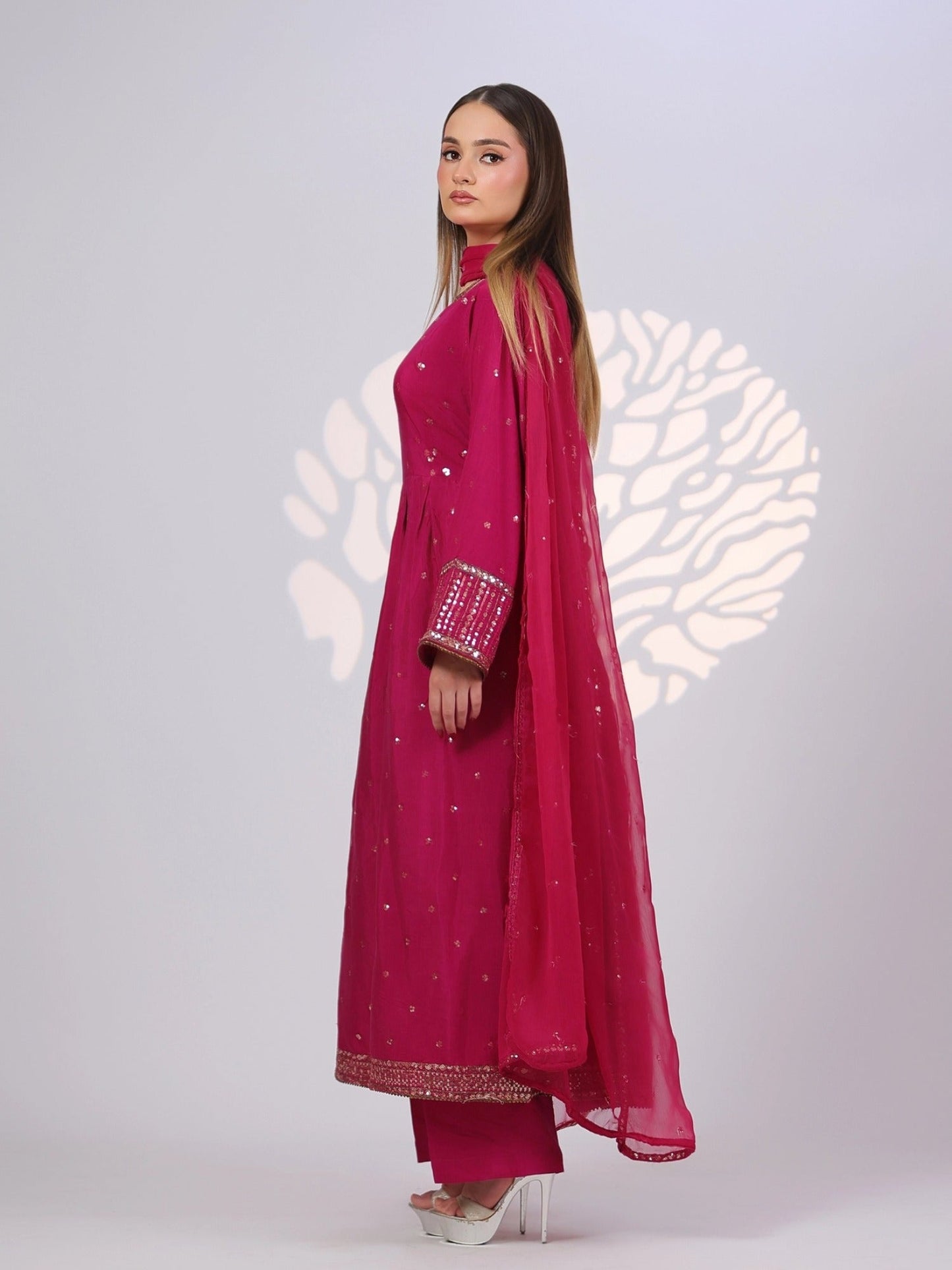 Pink MAK Fashion Noor Luxe Raw Silk Embroidered Stitched 3-Piece Suit-Royal Crimson