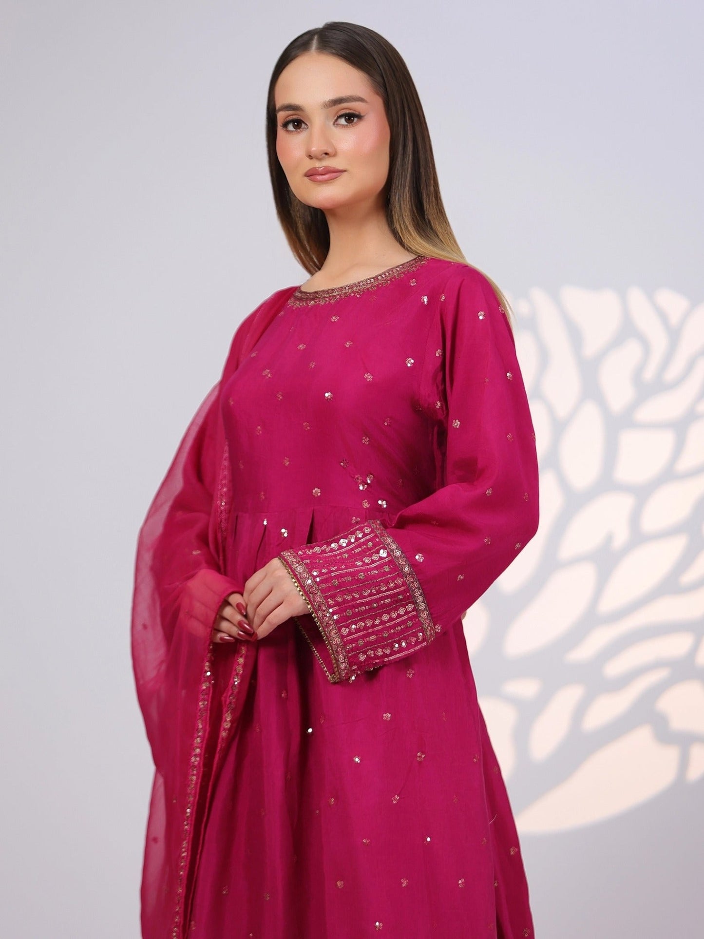 Pink MAK Fashion Noor Luxe Raw Silk Embroidered Stitched 3-Piece Suit-Royal Crimson
