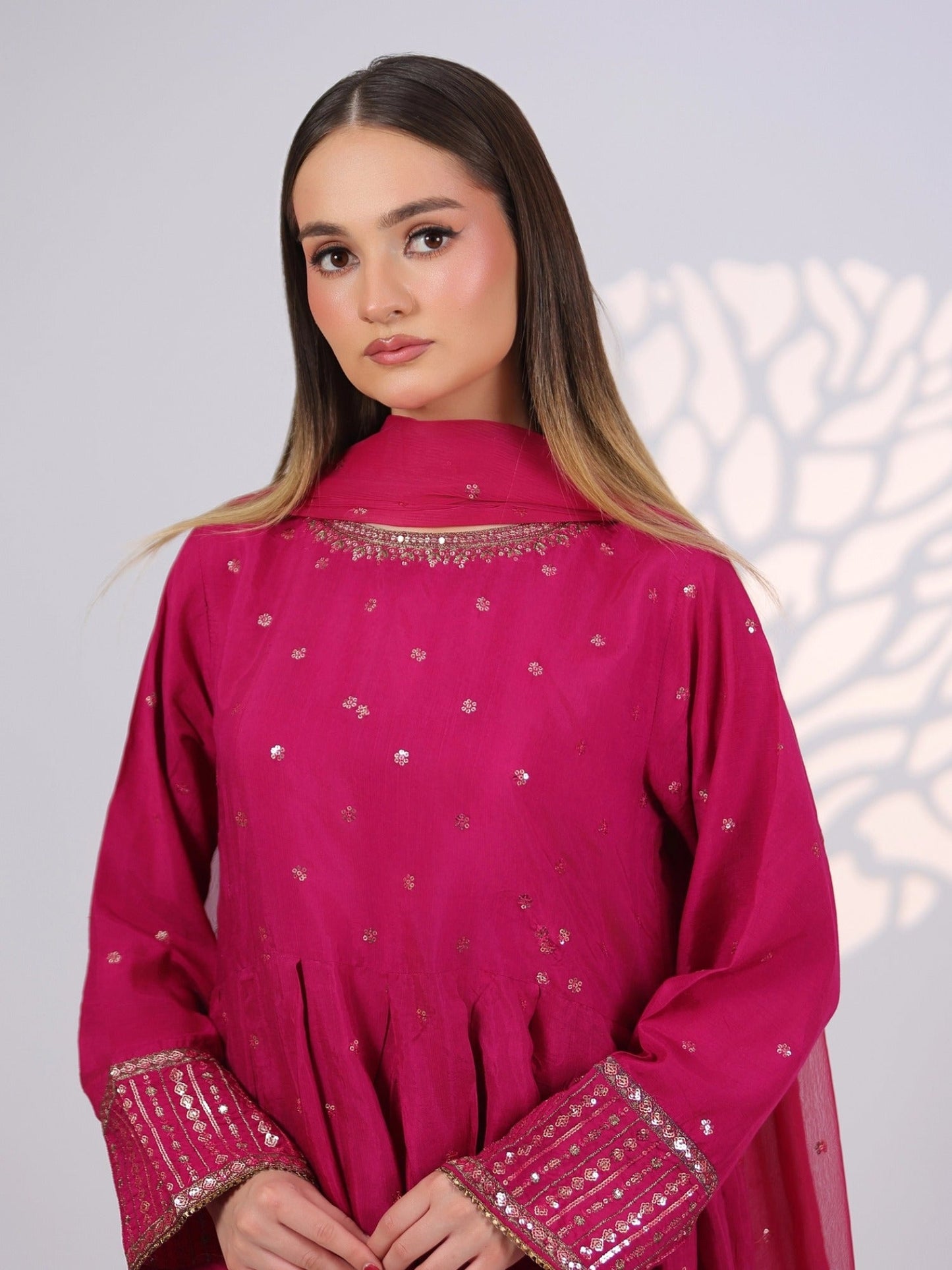 Pink MAK Fashion Noor Luxe Raw Silk Embroidered Stitched 3-Piece Suit-Royal Crimson