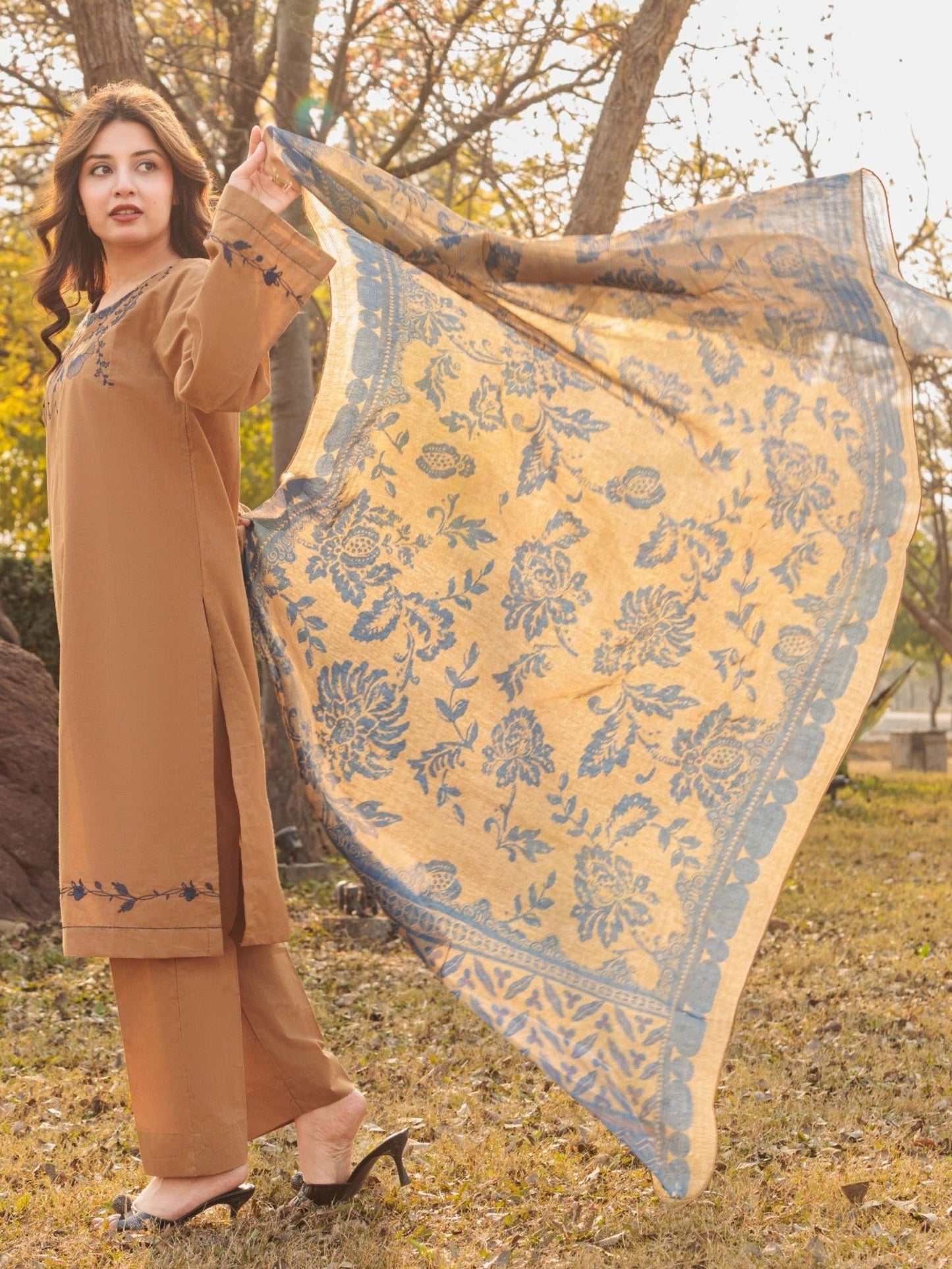Brown MAK Fashion Isra Lawn Drop'1 Embroidered Stitched 3-Piece Suit-Lavena