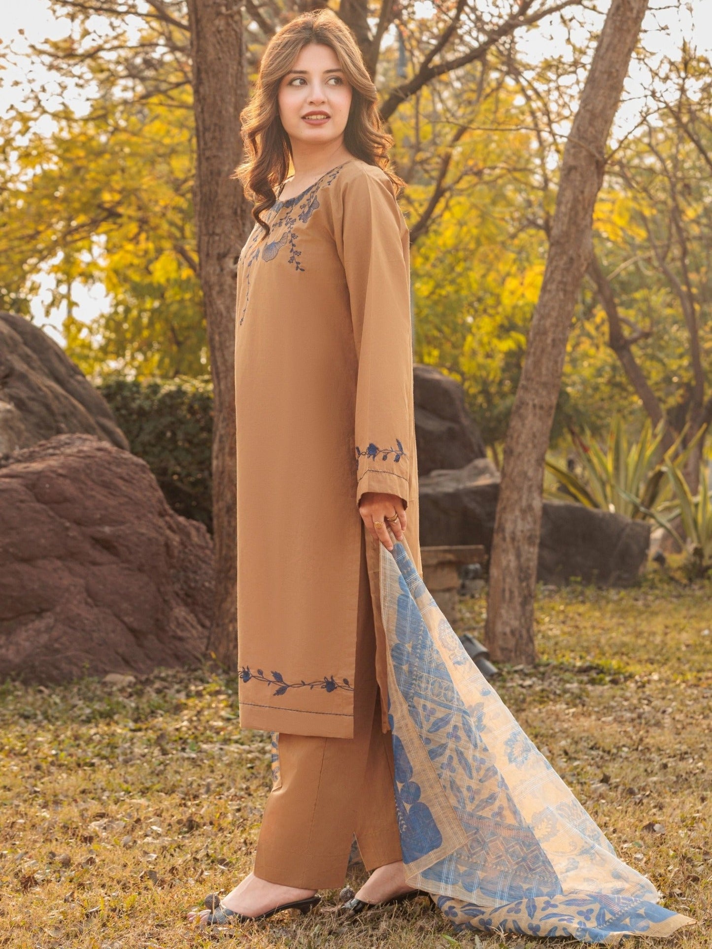 Brown MAK Fashion Isra Lawn Drop'1 Embroidered Stitched 3-Piece Suit-Lavena