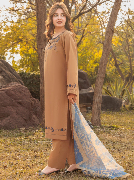 Brown MAK Fashion Isra Lawn Drop'1 Embroidered Stitched 3-Piece Suit-Lavena