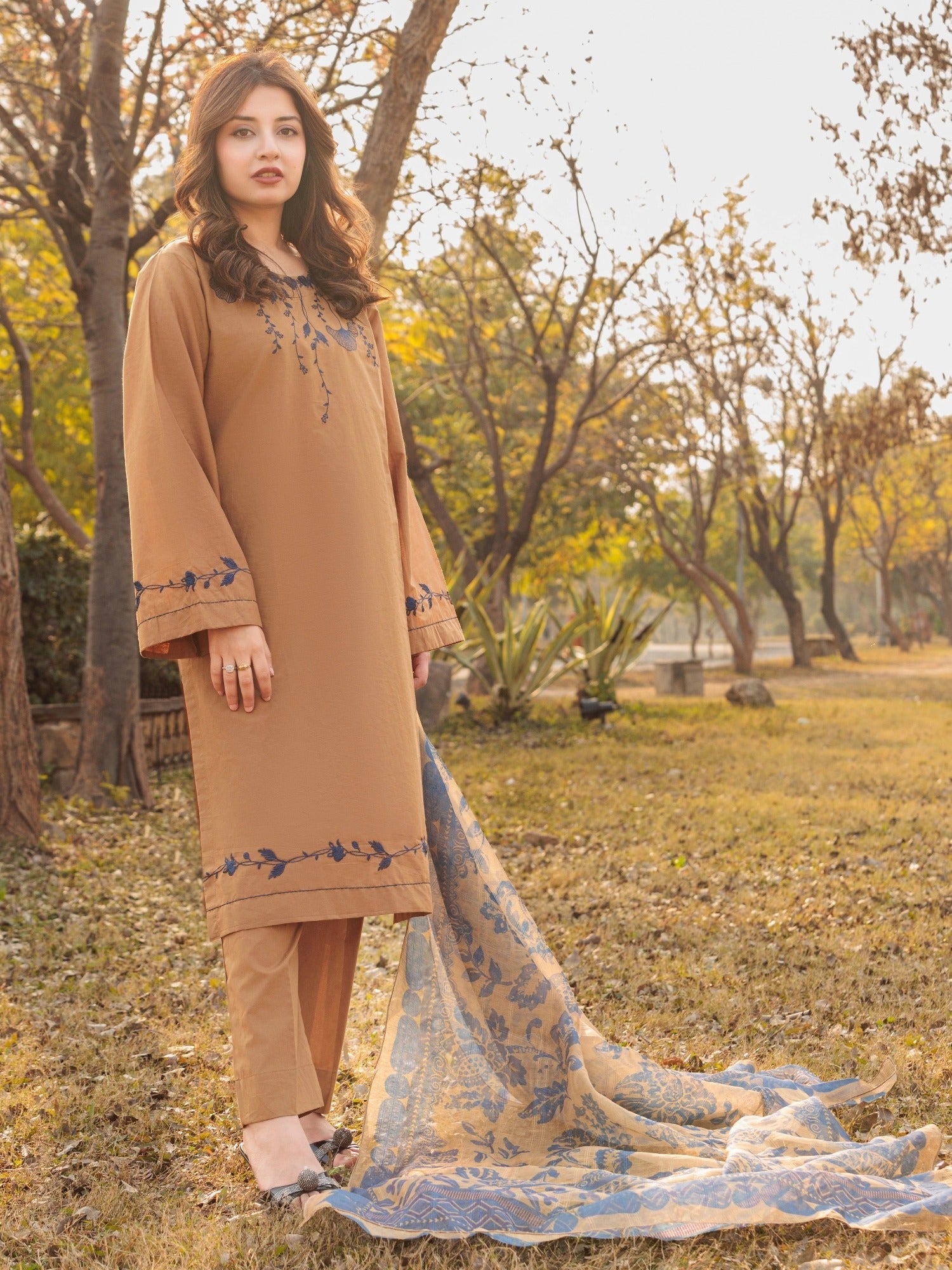 Brown MAK Fashion Isra Lawn Drop'1 Embroidered Stitched 3-Piece Suit-Lavena