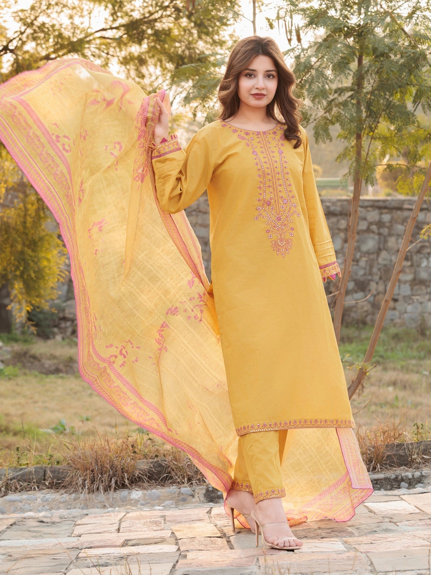 Yellow MAK Fashion Isra Lawn Drop'1 Embroidered Stitched 3-Piece Suit-Wanya