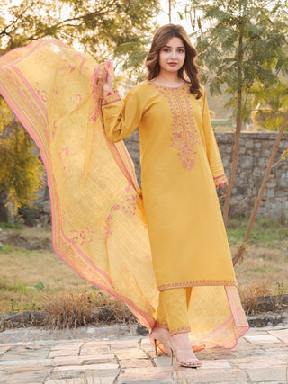 Yellow MAK Fashion Isra Lawn Drop'1 Embroidered Stitched 3 Piece Suit Wanya