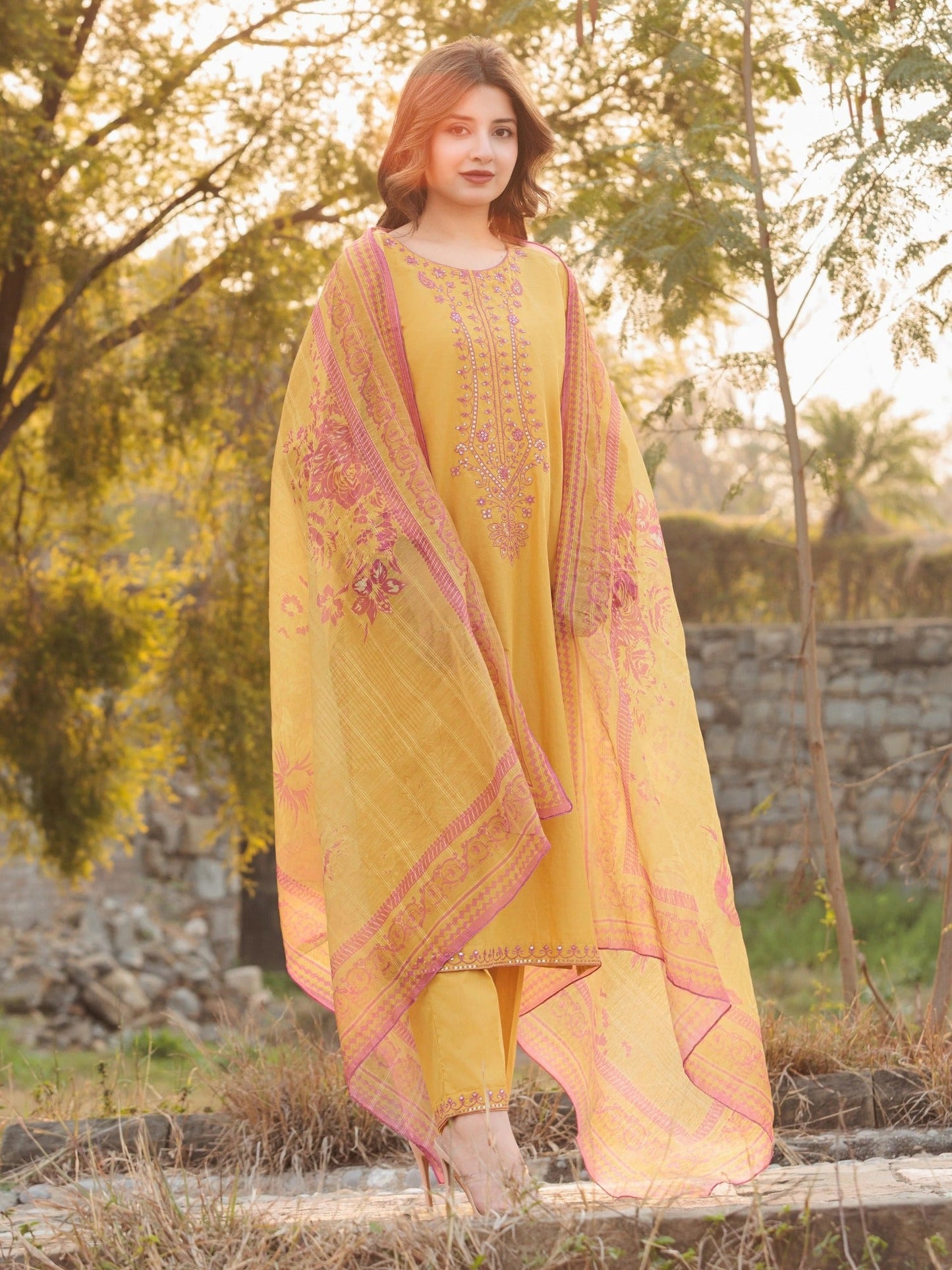 Yellow MAK Fashion Isra Lawn Drop'1 Embroidered Stitched 3-Piece Suit-Wanya