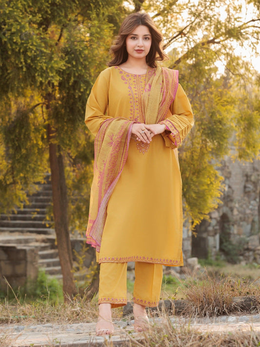Yellow MAK Fashion Isra Lawn Drop'1 Embroidered Stitched 3-Piece Suit-Wanya