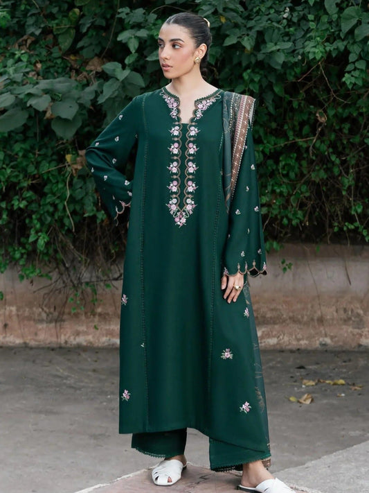 Silai Libas Linen Embroidered Stitched 3-Piece Suit-Ziva-Green