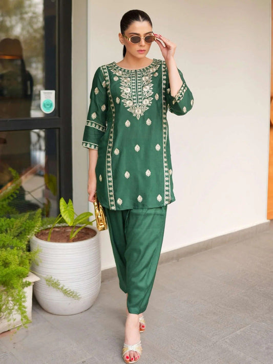 Green-Zeephire Lawn Embroidered Stitched 2-Piece Suit-Aiza Khan