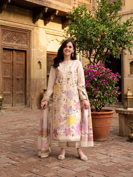 Cream-Zeephire Linen Embroidered Stitched 3-Piece Suit-Sajal Ali