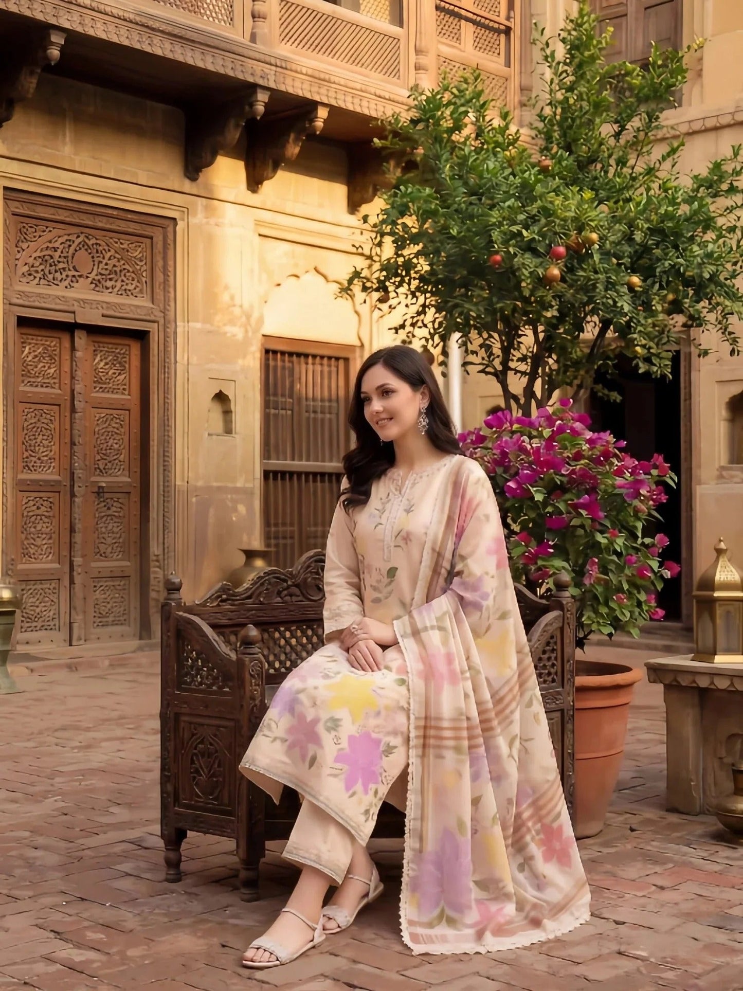 Cream-Zeephire Linen Embroidered Stitched 3-Piece Suit-Sajal Ali