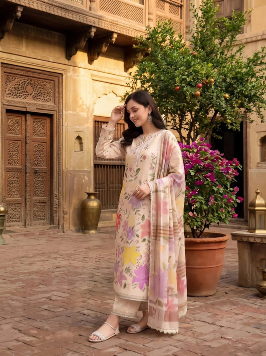 Cream-Zeephire Linen Embroidered Stitched 3-Piece Suit-Sajal Ali