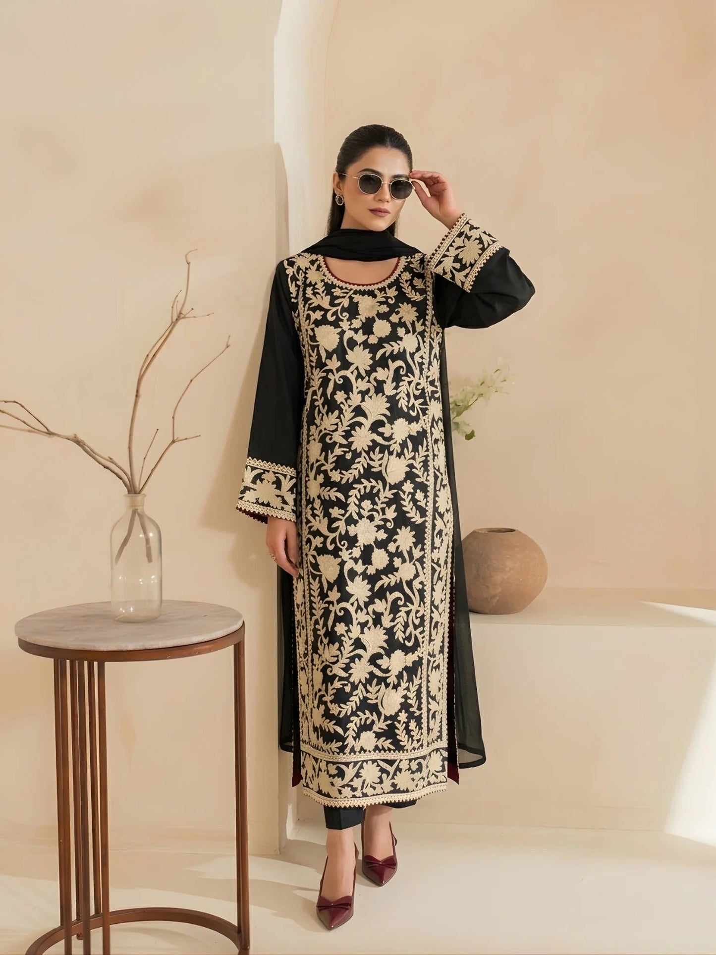 Black-Zeephire Linen Embroidered Stitched 3-Piece Suit-Mahnoor M  