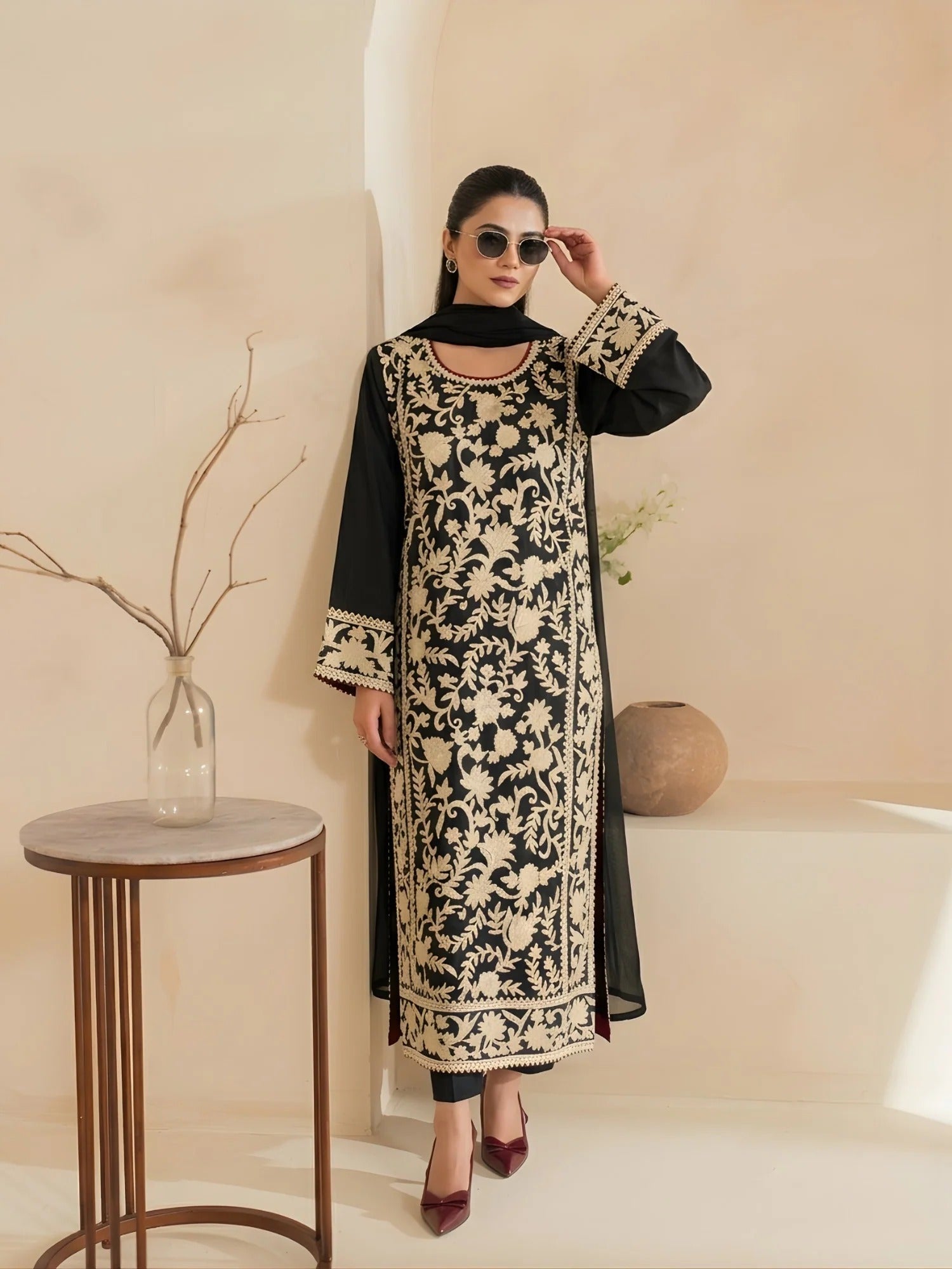 Black-Zeephire Linen Embroidered Stitched 3-Piece Suit-Mahnoor M  