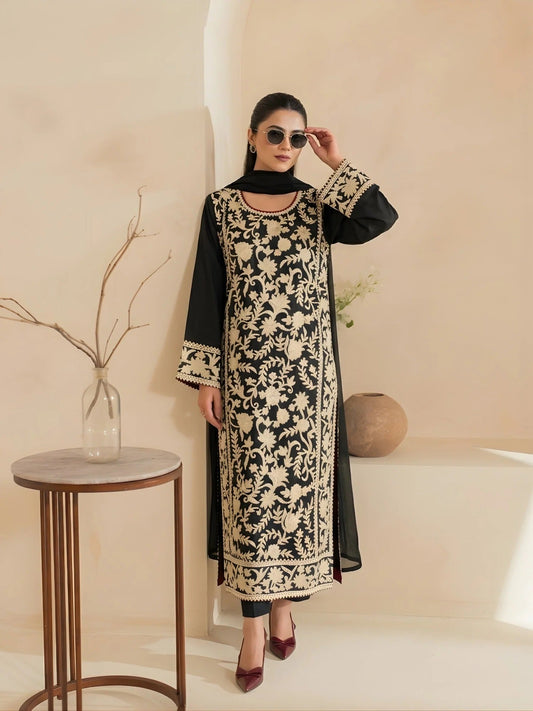 Black-Zeephire Linen Embroidered Stitched 3-Piece Suit-Mahnoor M  