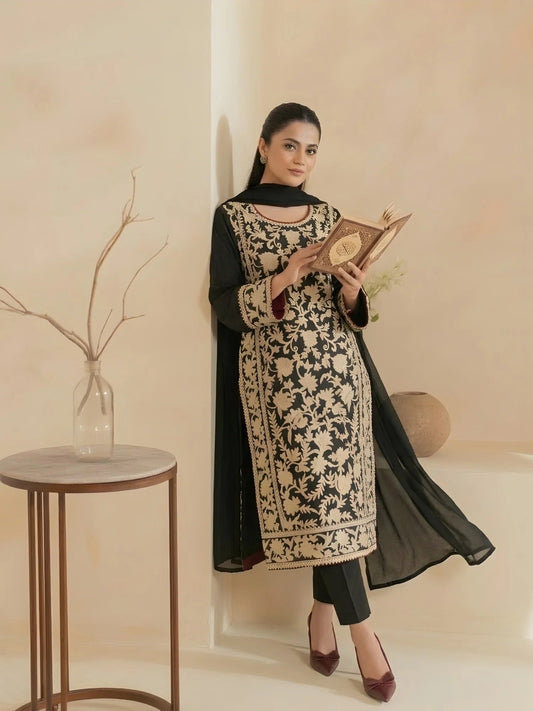 Black-Zeephire Linen Embroidered Stitched 3-Piece Suit-Mahnoor M