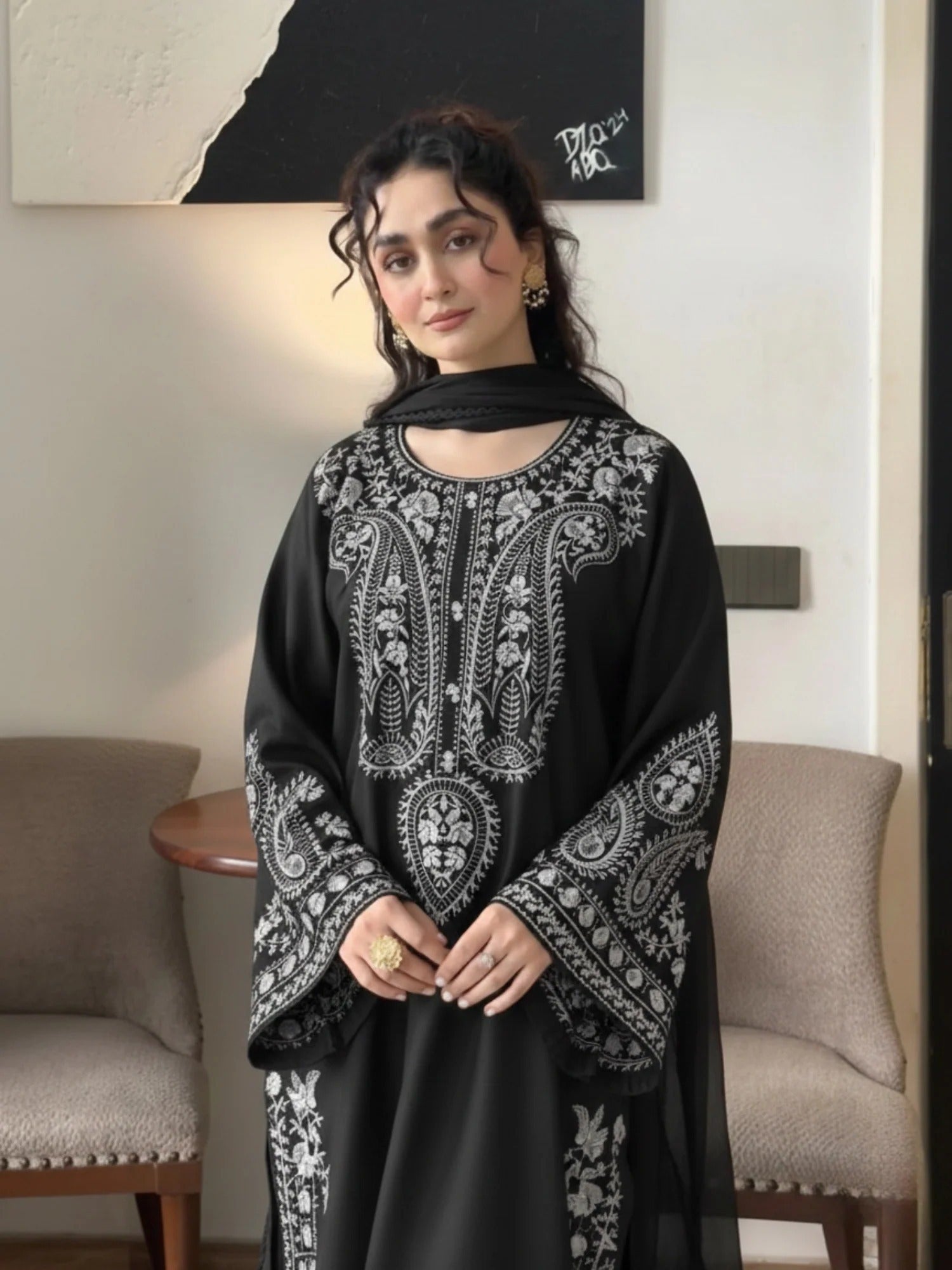 Black-Zeephire Linen Embroidered Stitched 3-Piece Suit-Orhaan BM