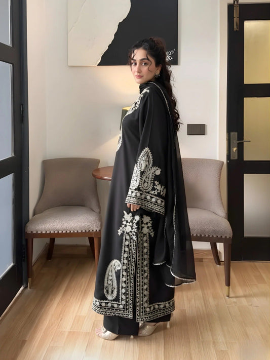 Black-Zeephire Linen Embroidered Stitched 3-Piece Suit-Orhaan BM