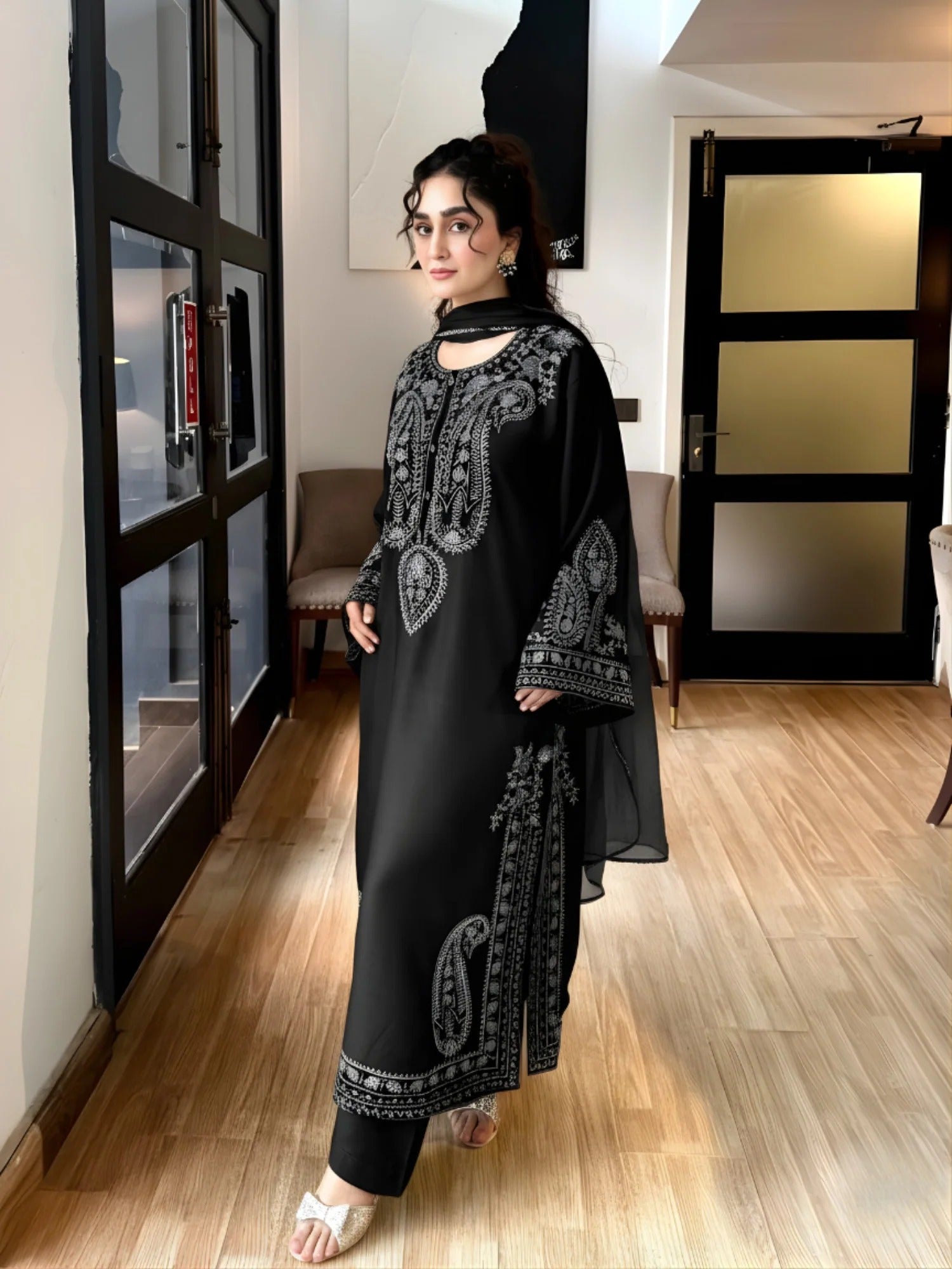 Black-Zeephire Linen Embroidered Stitched 3-Piece Suit-Orhaan BM
