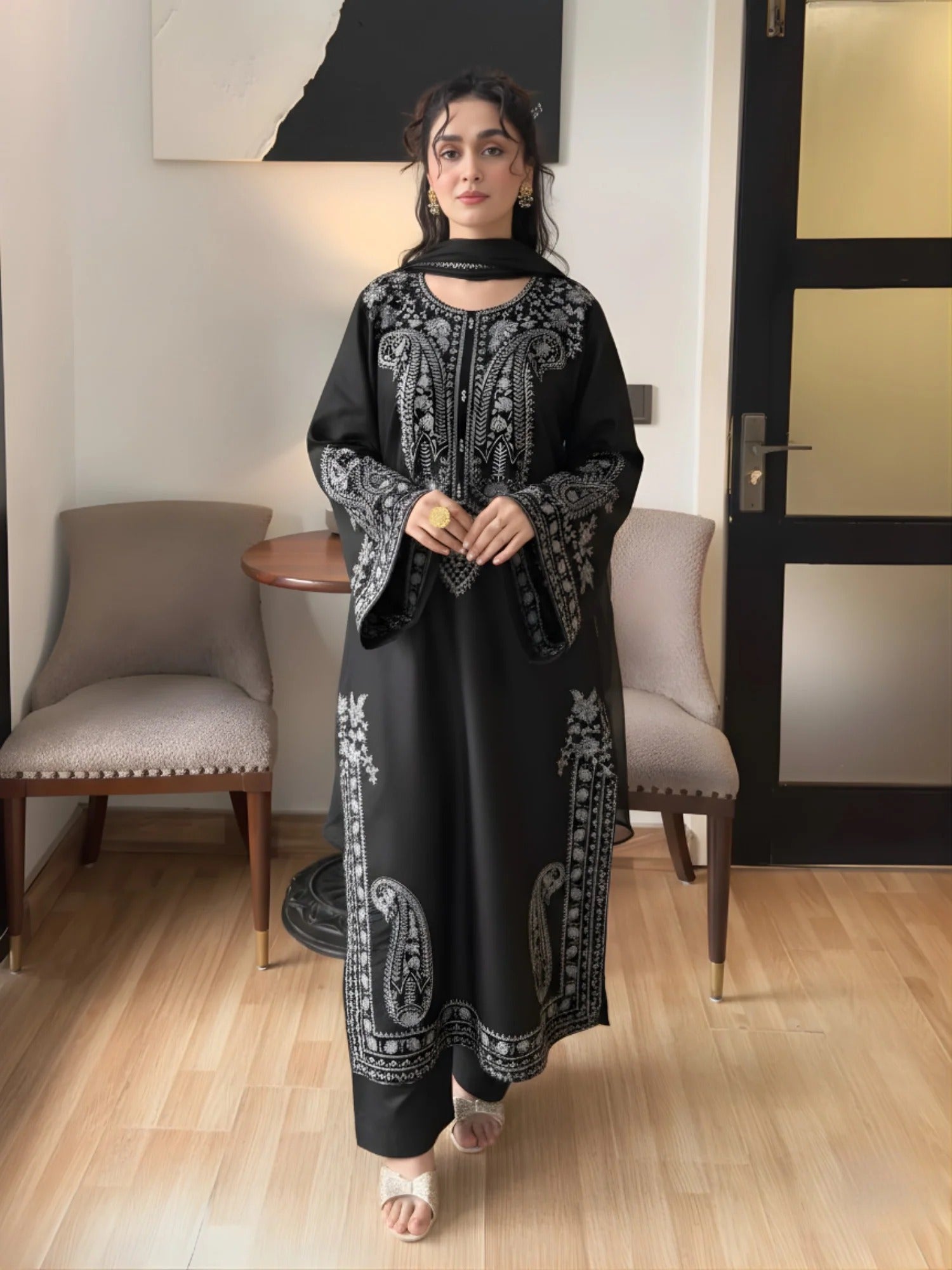 Black-Zeephire Linen Embroidered Stitched 3-Piece Suit-Orhaan BM