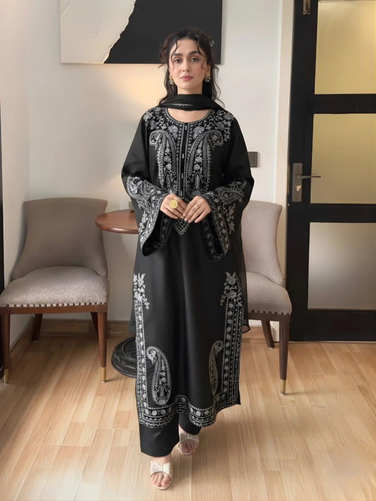 Black-Zeephire Linen Embroidered Stitched 3-Piece Suit-Orhaan BM