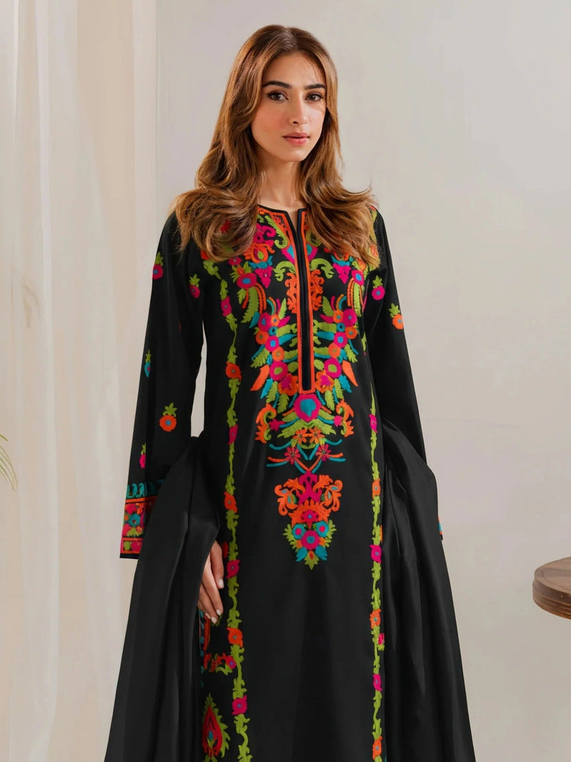 Black Zeephire Linen Embroidered Stitched 3 Piece Suit Unaizy B