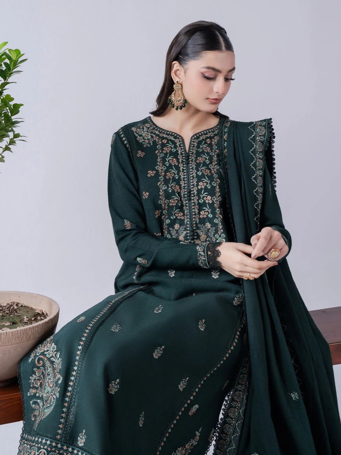 Green-Zeephire Linen Embroidered Stitched 3-Piece Suit-Isha