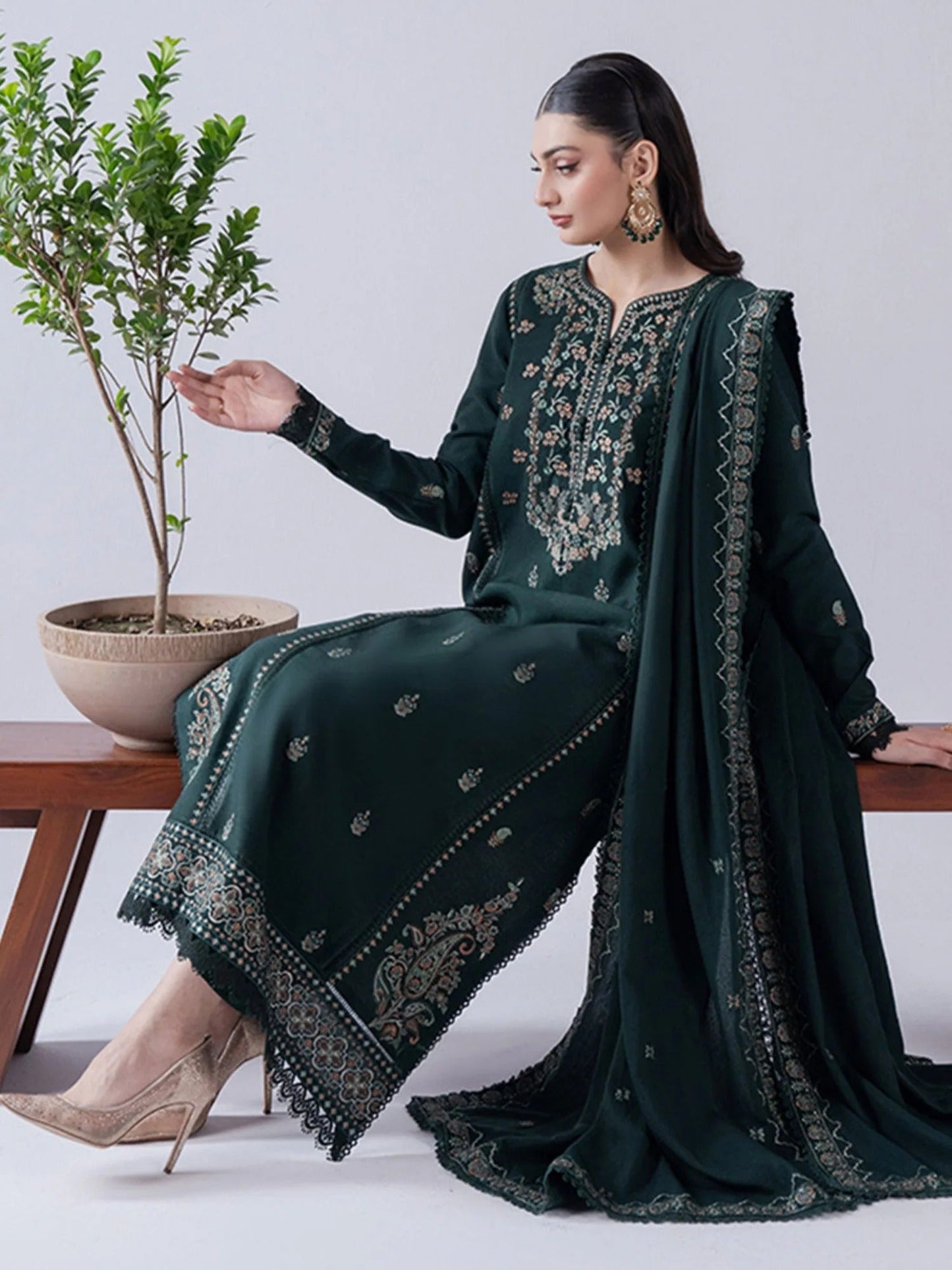 Green-Zeephire Linen Embroidered Stitched 3-Piece Suit-Isha
