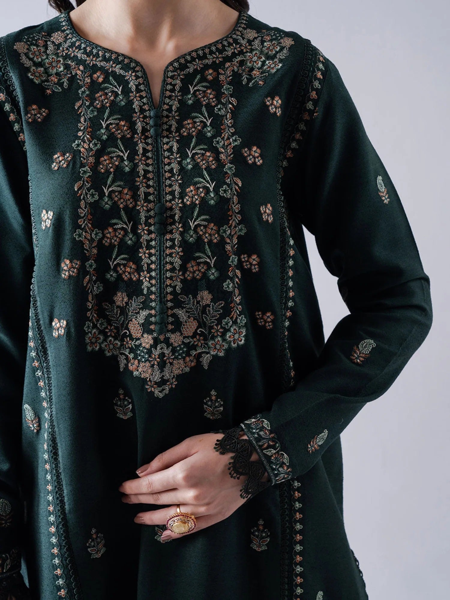 Green-Zeephire Linen Embroidered Stitched 3-Piece Suit-Isha