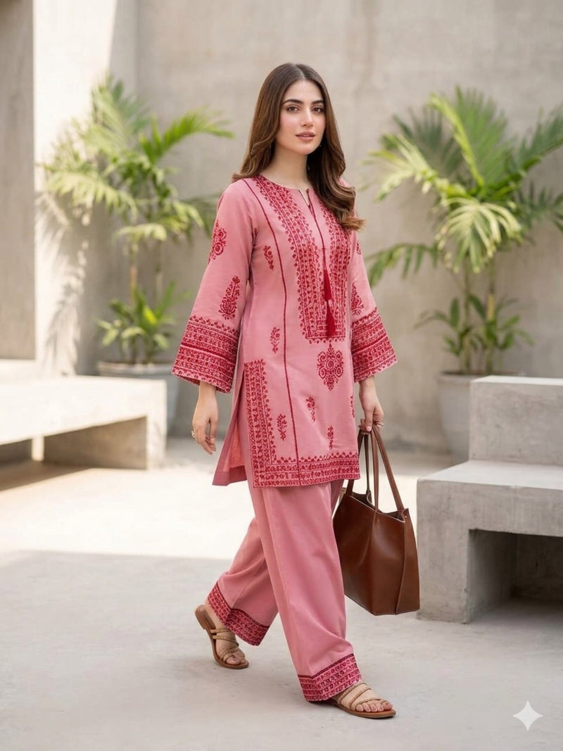 Pink Savarna Cotton Embroidered Stitched 2 Piece Suit Pink