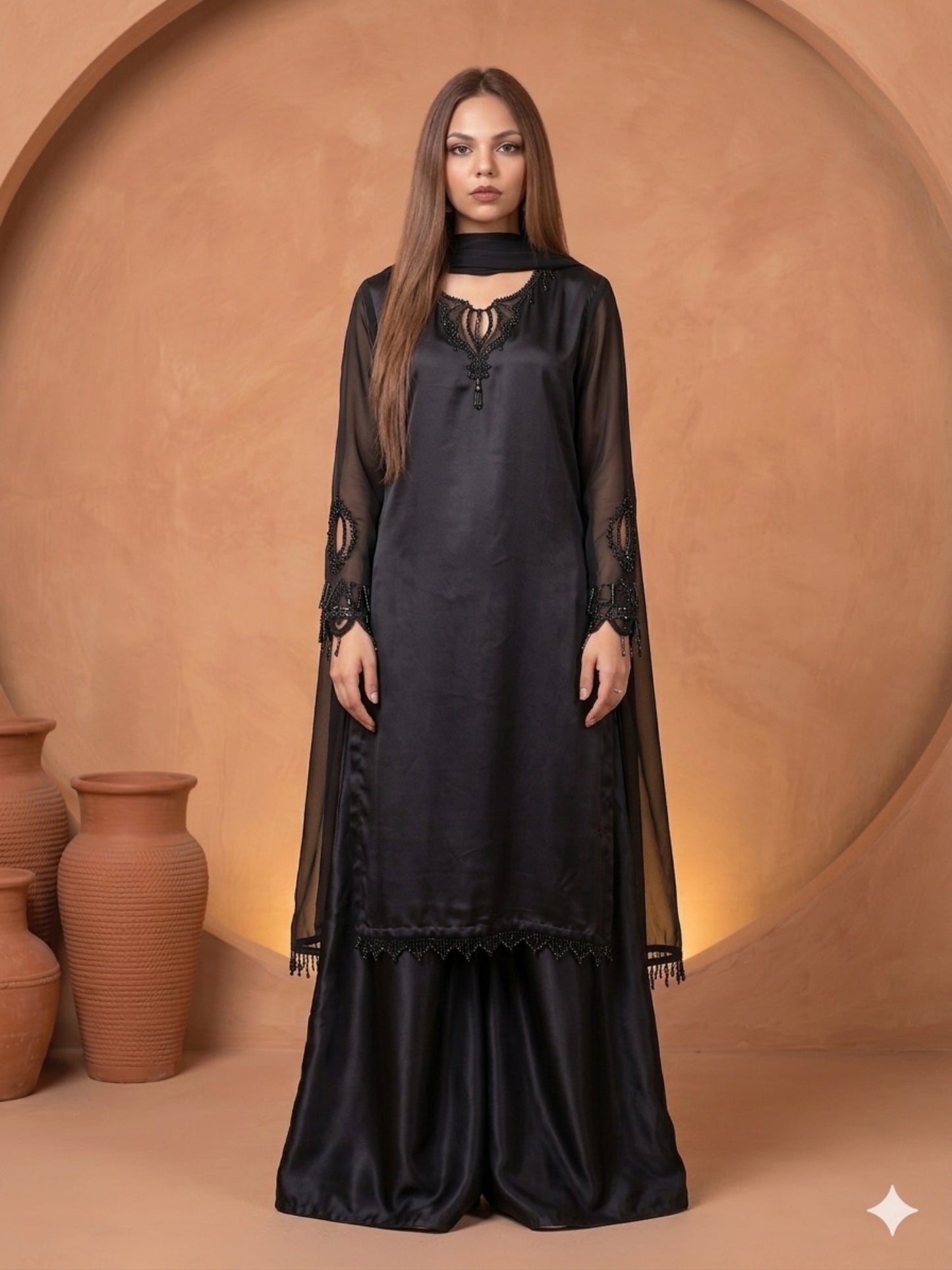 Savarna Black Silk Embellished Sharara Set