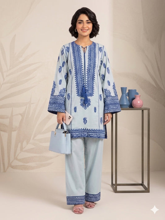 Savarna Blue Cotton Embroidered Stitched 2-Piece Suit