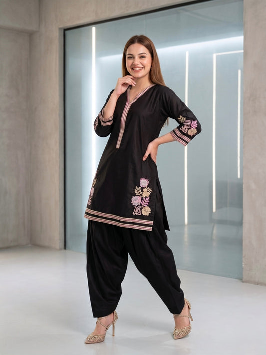 Savarna Cotton Embroidered Stitched 2-Piece Suit Black