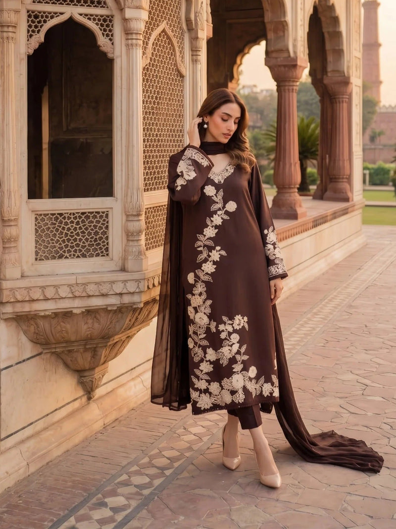 Brown Zeephire Linen Embroidered Stitched 3 Piece Suit Malhoon M