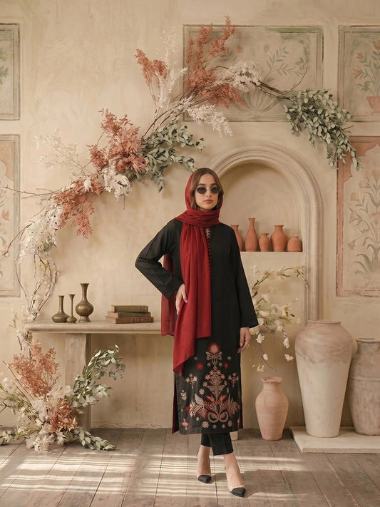 Black-Zeephire Linen Embroidered Stitched 3-Piece Suit-Meerub   