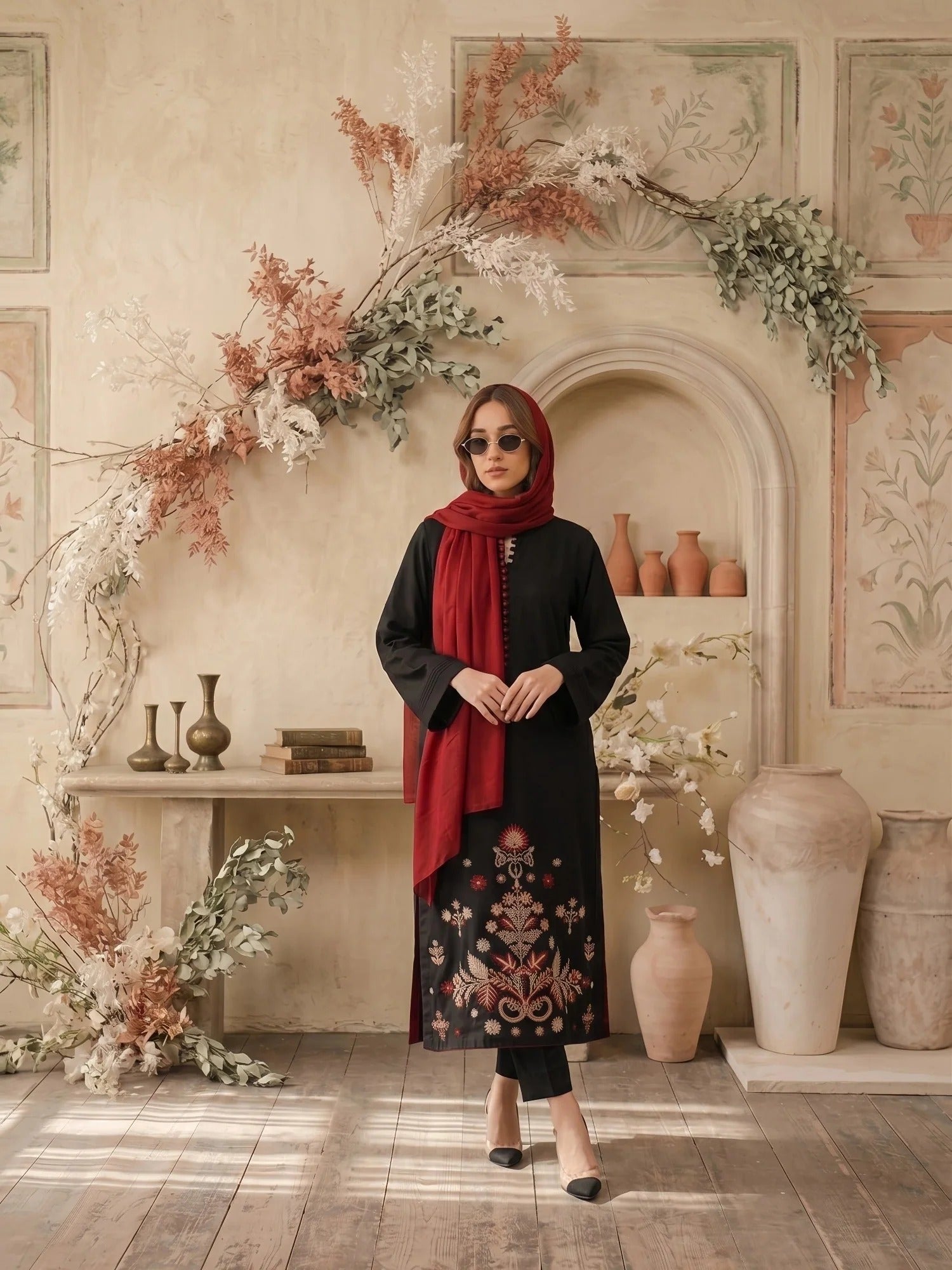 Black-Zeephire Linen Embroidered Stitched 3-Piece Suit-Meerub   