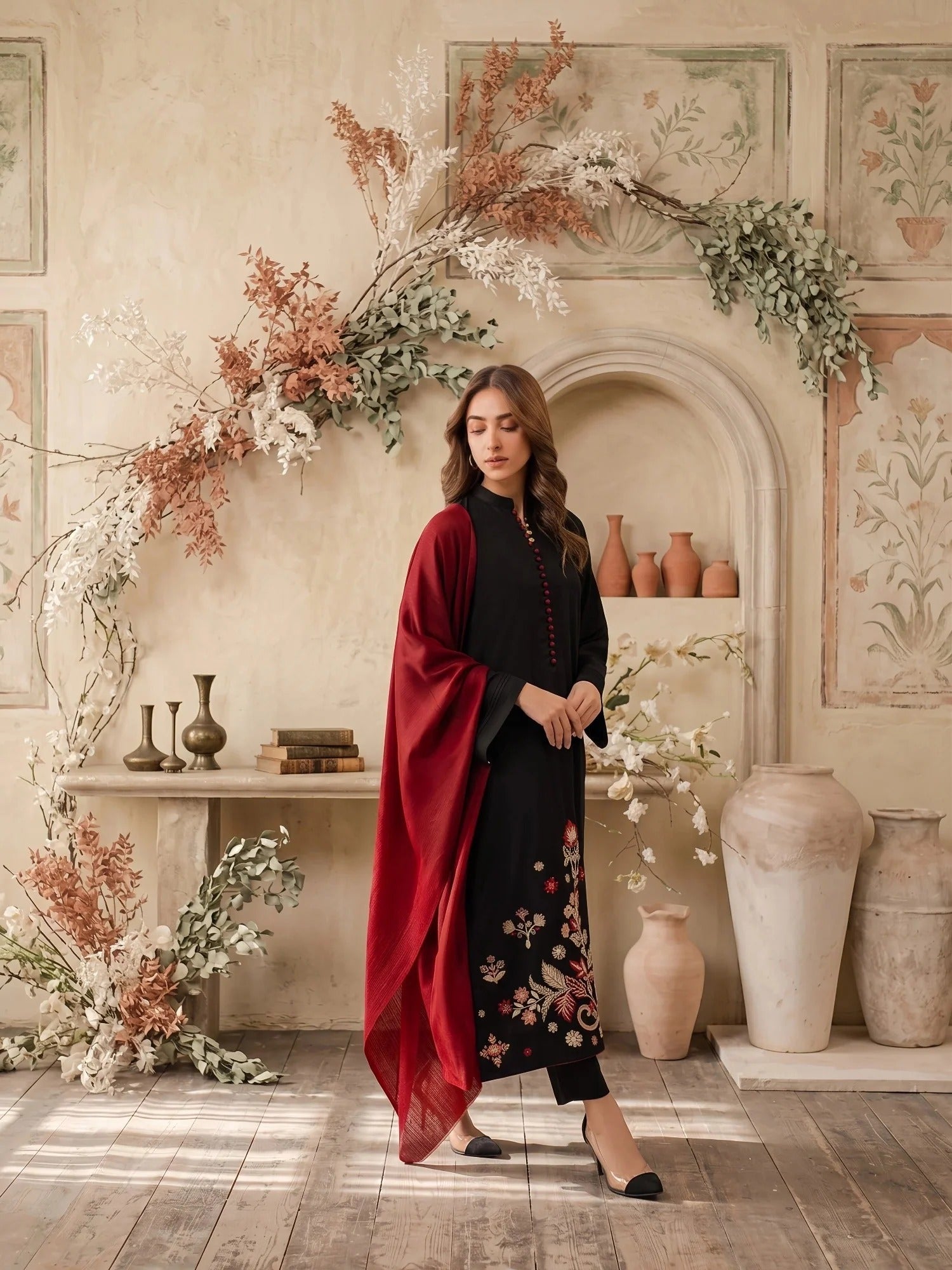 Black-Zeephire Linen Embroidered Stitched 3-Piece Suit-Meerub   