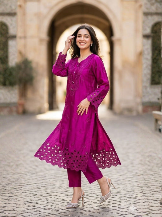 Pink Savarna Silk Embroidered Stitched 2-Piece Suit-Magenta
