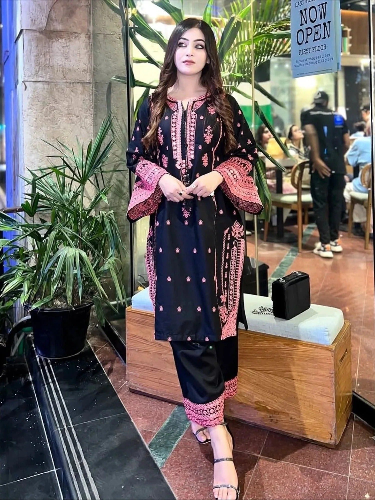 Black Savarna Cotton Embroidered Stitched 2-Piece Suit-Black