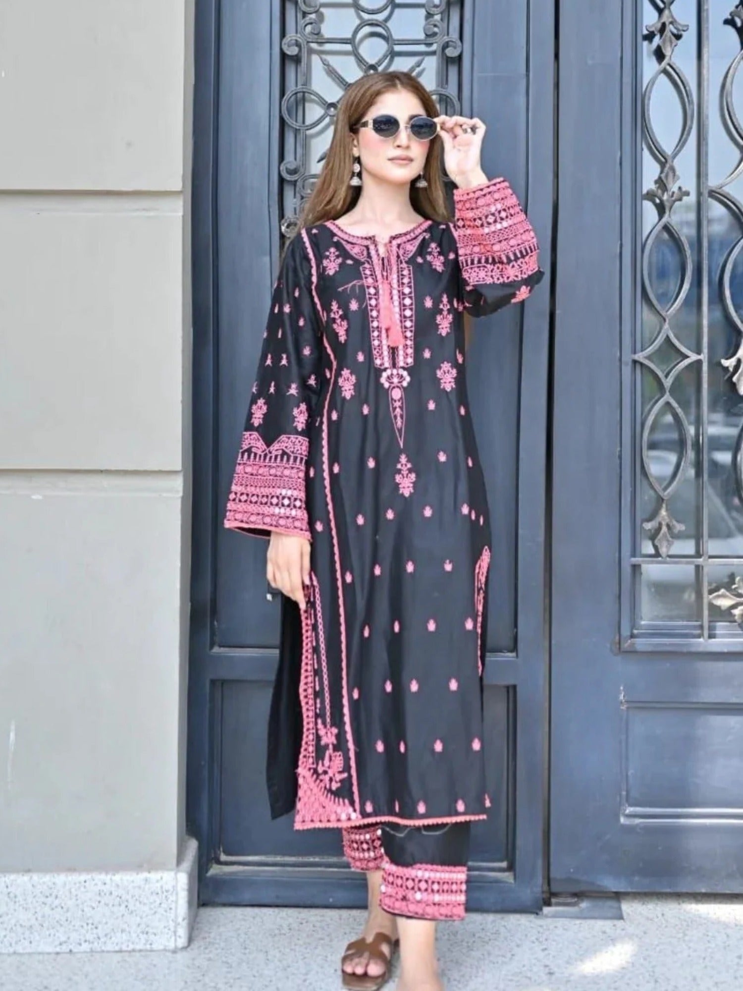 Black Savarna Cotton Embroidered Stitched 2-Piece Suit-Black