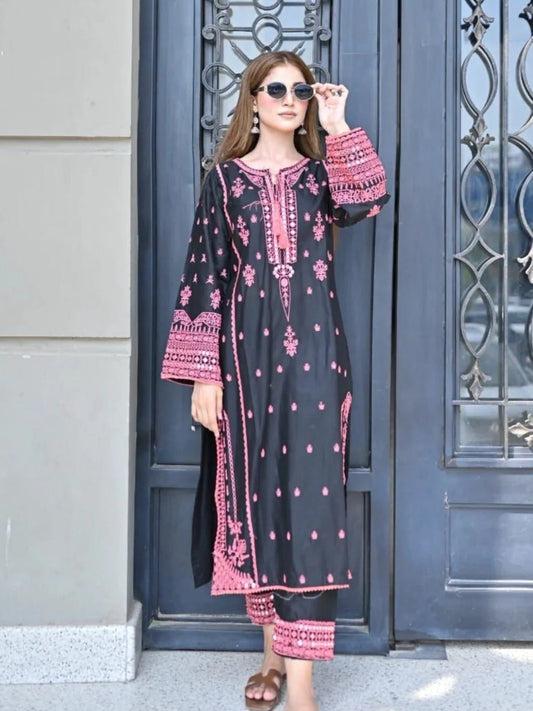 Black Savarna Cotton Embroidered Stitched 2-Piece Suit-Black