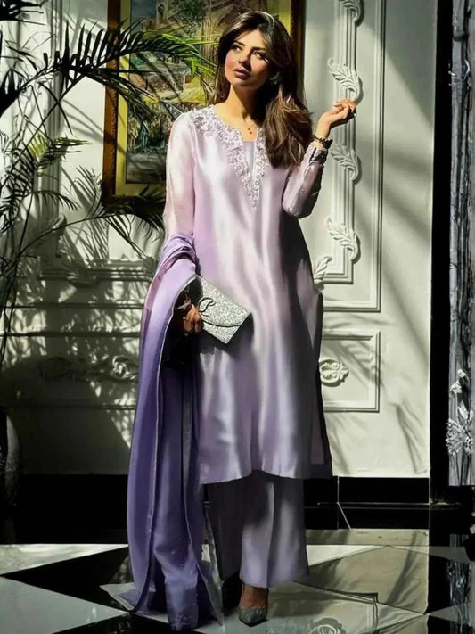 Lilac Savarna Raw Silk Embellished Stitched 3-Piece Suit-Lilac