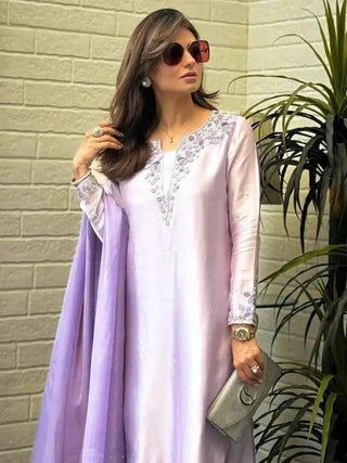 Lilac Savarna Raw Silk Embellished Stitched 3 Piece Suit Lilac