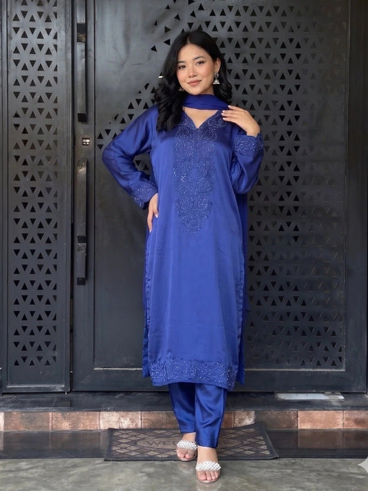 Blue Savarna Silk Embellished Stitched 3-Piece Suit-Blue