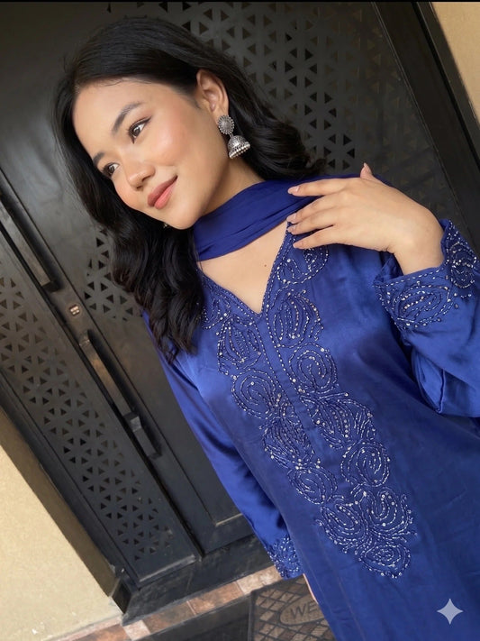 Blue Savarna Silk Embellished Stitched 3-Piece Suit-Blue