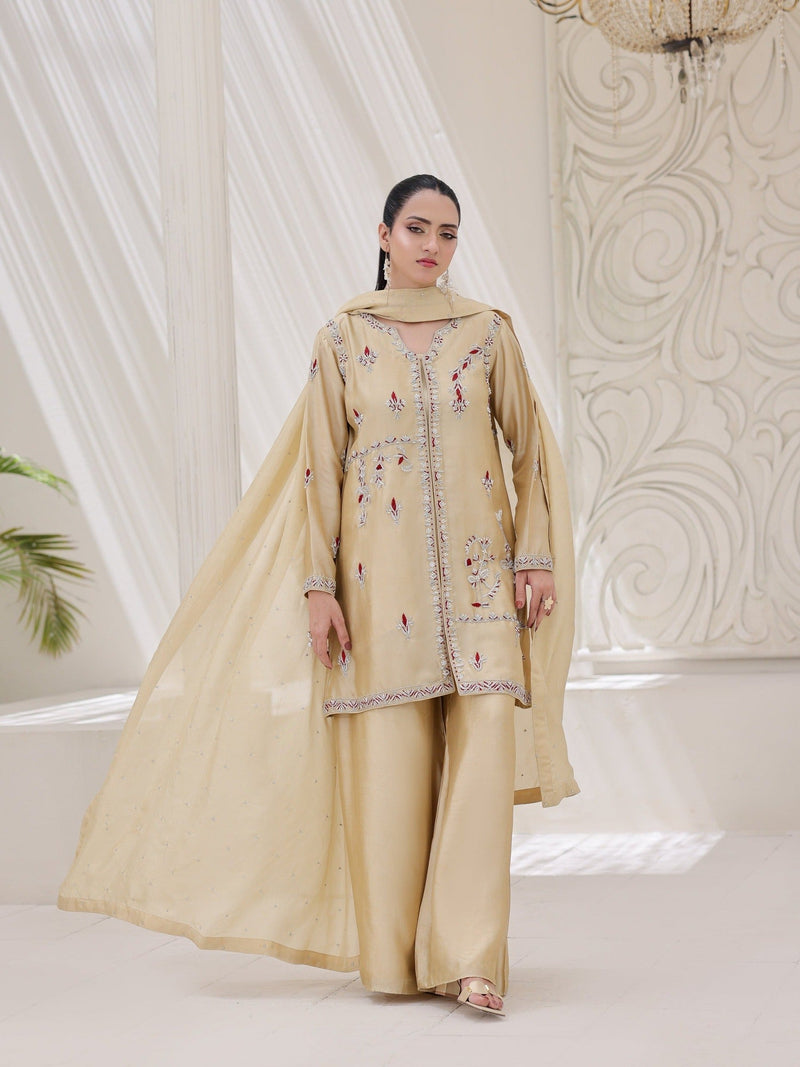 Golden Ruby's Couture Noor e Zar Shesha Silk Embroidered Stitched 3 Piece Suit Maha Gul