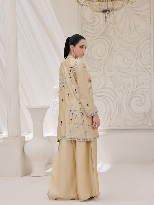 Golden-Ruby's Couture Noor-e-Zar Shesha Silk Embroidered Stitched 3-Piece Suit-Maha Gul