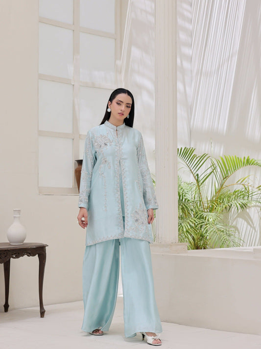 Ice Blue-Ruby's Couture Noor-e-Zar Shesha Silk Embroidered Stitched 3-Piece Suit-Gohar