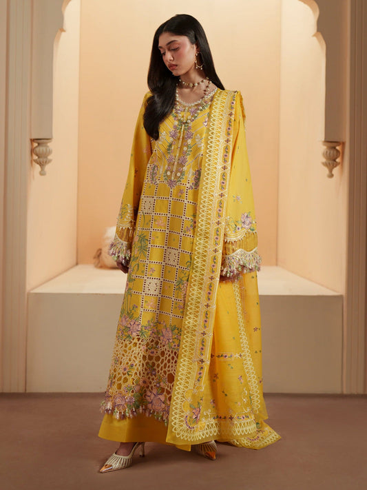 Yellow Binilyas Mashriq luxury Lawn Embroidered Stitched 3-Piece Suit-D-111-A